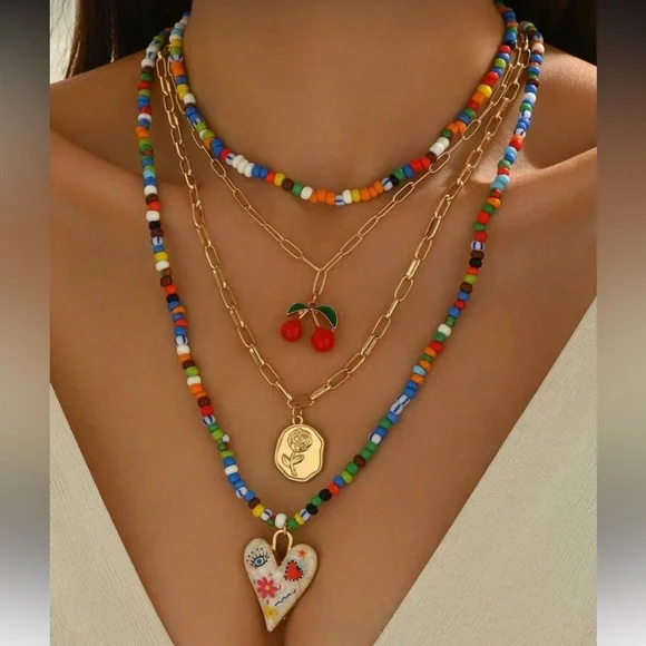 Colorful Beaded Heart Necklace Set M558 - Picture 2 of 5